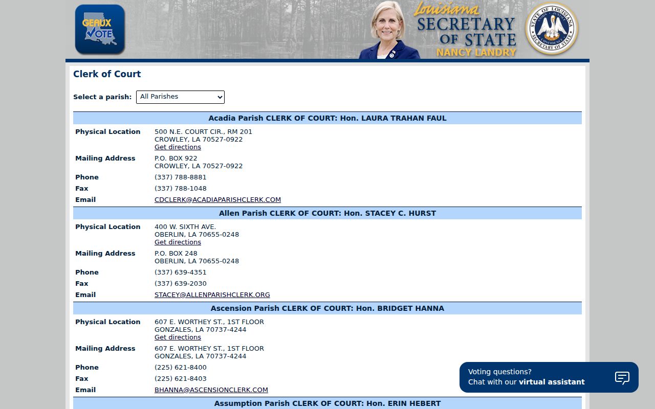 Louisiana Secretary of State directory showing the Tensas Parish Clerk contact channel