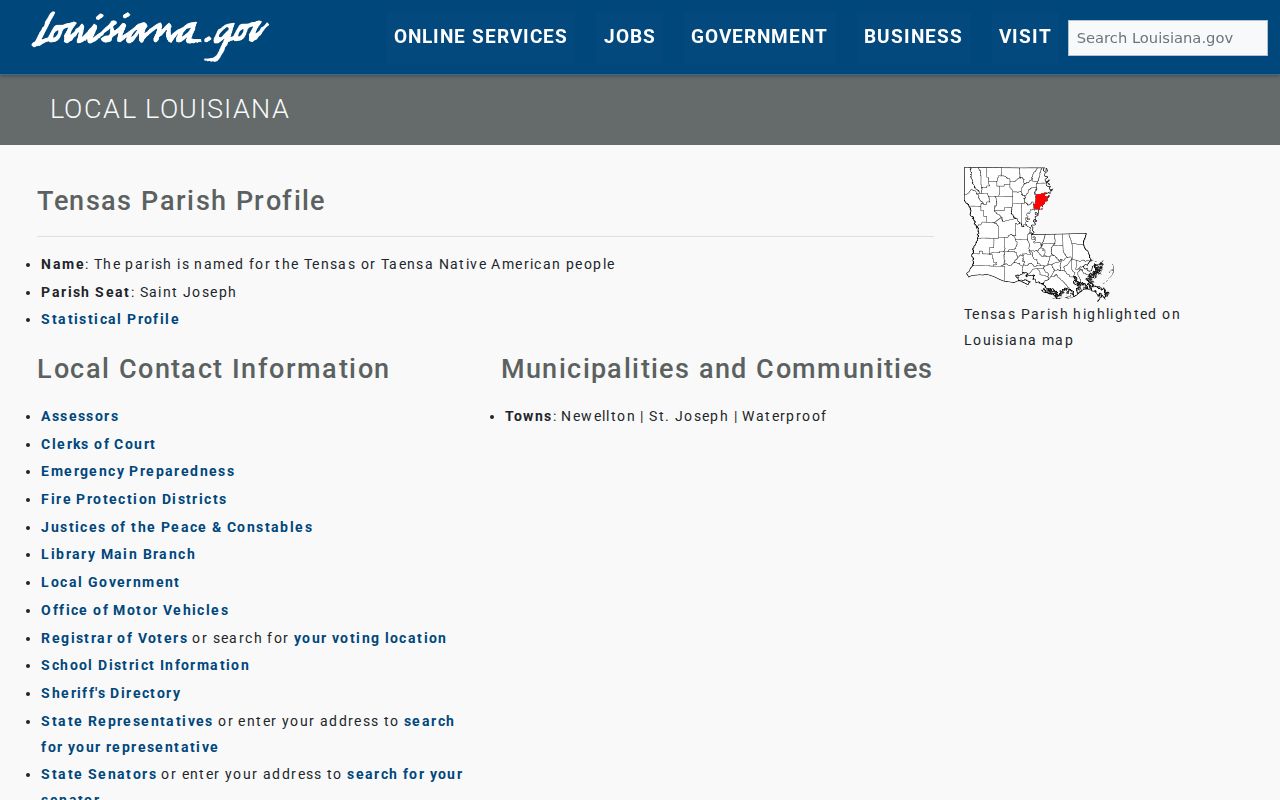 Louisiana official Tensas Parish profile naming Waterproof and the other incorporated towns