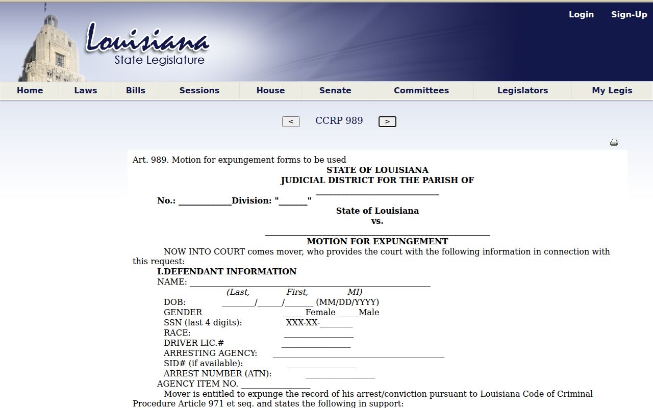 Louisiana statutory uniform expungement motion fields