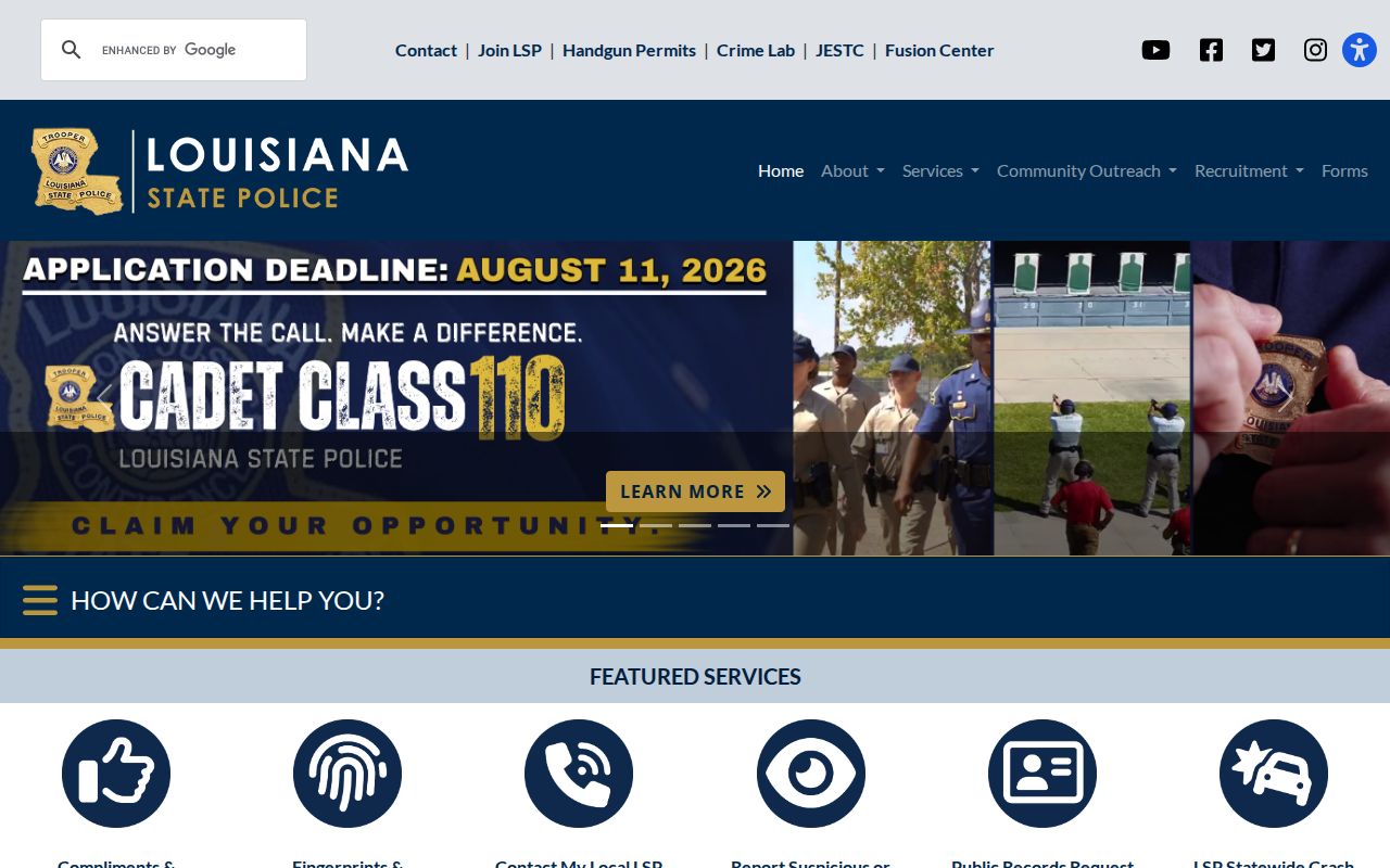 Louisiana State Police official background-check service page