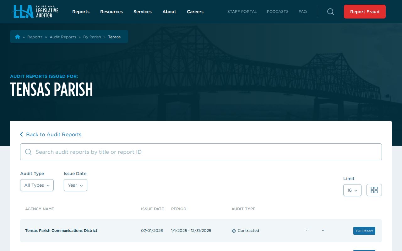 Louisiana Legislative Auditor Tensas Parish agency audit index