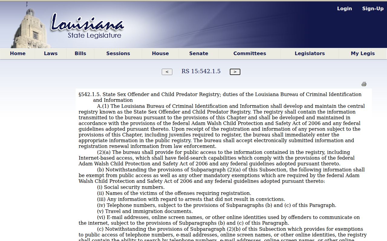 Louisiana statute governing public sex offender registry fields and exemptions